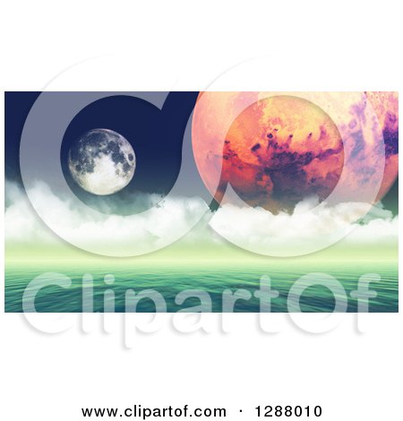 Clipart of a 3d Calm Foreign Ocean with Planets - Royalty Free Illustration by KJ Pargeter