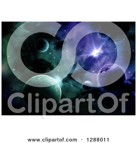 Clipart of a Background of 3d Fictional Planets and a Nebula - Royalty Free Illustration by KJ Pargeter