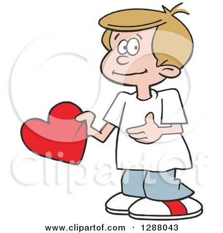 Holiday Clipart of a Sweet Caucasian Boy Holding a Valentine Heart - Royalty Free Vector Illustration by Johnny Sajem