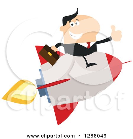 Clipart of a Modern Flat Design of a White Businessman Holding a Thumb up and Flying on a Rocket - Royalty Free Vector Illustration by Hit Toon
