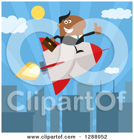 Clipart of a Modern Flat Design of a Black Businessman Holding a Thumb up and Flying in a Rocket over a City - Royalty Free Vector Illustration by Hit Toon
