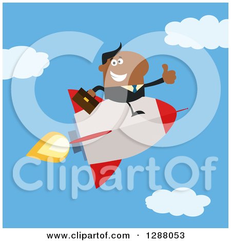 Clipart of a Modern Flat Design of a Black Businessman Holding a Thumb up and Flying in a Rocket Against a Sky - Royalty Free Vector Illustration by Hit Toon