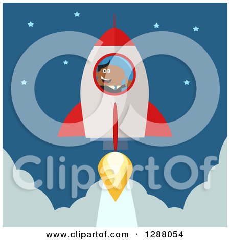 Clipart of a Modern Flat Design of a Black Businessman Holding a Thumb up and Taking up in a Rocket - Royalty Free Vector Illustration by Hit Toon