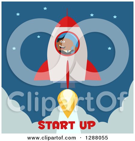 Clipart of a Modern Flat Design of a Black Businessman Holding a Thumb up and Taking up in a Rocket over Start up Text - Royalty Free Vector Illustration by Hit Toon
