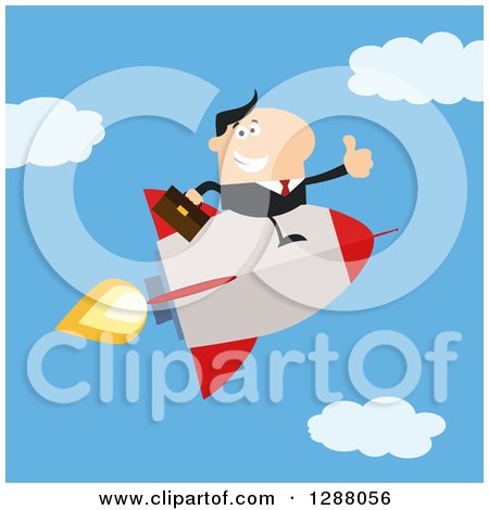 Clipart of a Modern Flat Design of a White Businessman Holding a Thumb up and Flying in a Rocket Against a Sky - Royalty Free Vector Illustration by Hit Toon