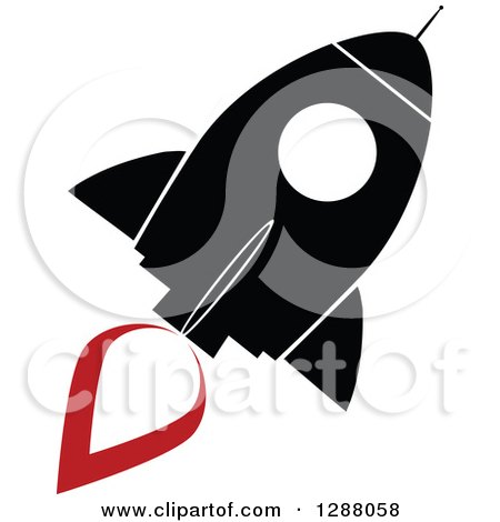 Clipart of a Modern Flat Design of a Black and White Rocket with a Red Trail - Royalty Free Vector Illustration by Hit Toon