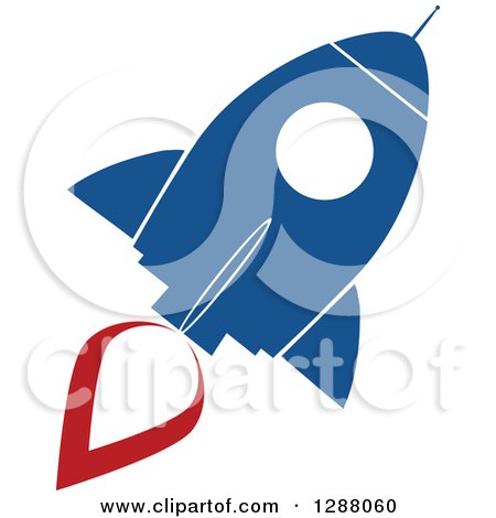Clipart of a Modern Flat Design of a Blue and White Rocket with a Red Trail - Royalty Free Vector Illustration by Hit Toon