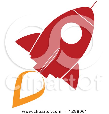 Clipart of a Modern Flat Design of a Red and White Rocket with an Orange Trail - Royalty Free Vector Illustration by Hit Toon