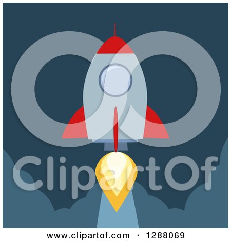 Clipart of a Modern Flat Design of a Red and Metal Rocket Taking off over Dark Blue - Royalty Free Vector Illustration by Hit Toon