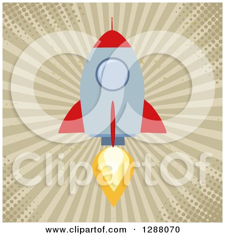 Clipart of a Modern Flat Design of a Red and Metal Rocket Taking off over Grungy Halftone and Rays - Royalty Free Vector Illustration by Hit Toon