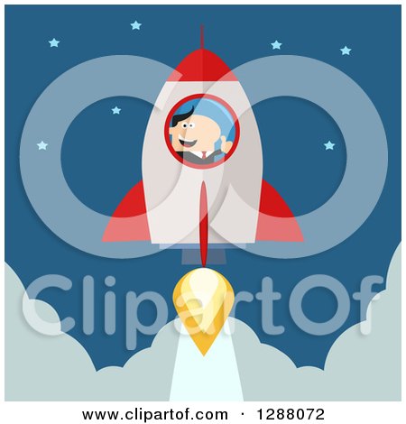 Clipart of a Modern Flat Design of a White Businessman Holding a Thumb up and Taking up in a Rocket - Royalty Free Vector Illustration by Hit Toon