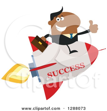 Clipart of a Modern Flat Design of a Black Businessman Holding a Thumb up and Flying on a Success Rocket - Royalty Free Vector Illustration by Hit Toon