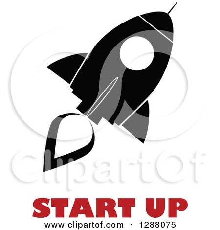 Clipart of a Modern Flat Design of a Black and White Rocket with a Red Trail and Start up Text - Royalty Free Vector Illustration by Hit Toon