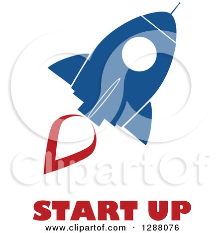 Clipart of a Modern Flat Design of a Blue and White Rocket with a Red Trail and Start up Text - Royalty Free Vector Illustration by Hit Toon