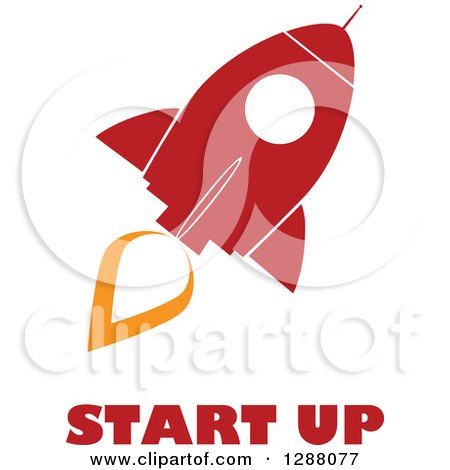 Clipart of a Modern Flat Design of a Red and White Rocket with an Orange Trail and Start up Text - Royalty Free Vector Illustration by Hit Toon