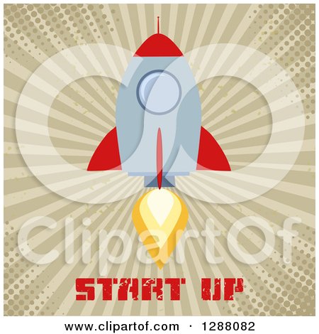 Clipart of a Modern Flat Design of a Red and Metal Rocket Taking off over Start up Text, Grungy Halftone and Rays - Royalty Free Vector Illustration by Hit Toon