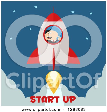 Clipart of a Modern Flat Design of a White Businessman Holding a Thumb up and Taking up in a Rocket over Start up Text - Royalty Free Vector Illustration by Hit Toon