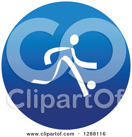 Clipart of a White Athlete Playing Soccer in a Round Blue Icon - Royalty Free Vector Illustration by Vector Tradition SM