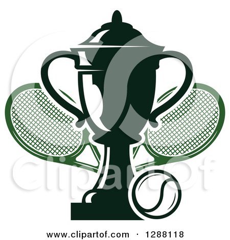 Clipart of a Black and White Tennis Ball and Trophy over Green Crossed Rackets - Royalty Free Vector Illustration by Vector Tradition SM