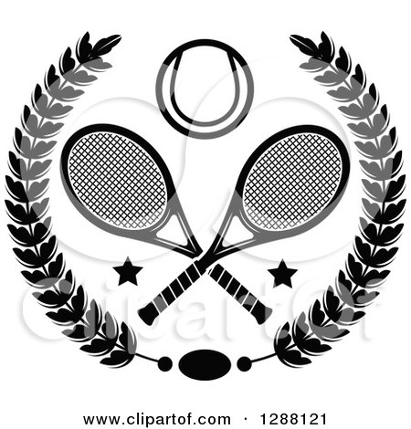 Clipart of a Black and White Wreath with Stars, Crossed Tennis Rackets and a Ball - Royalty Free Vector Illustration by Vector Tradition SM