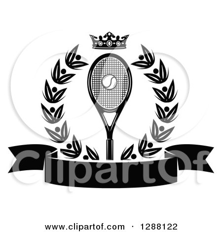 Clipart of a Black and White Wreath a Crown, Ball and Racket over a Blank Banner - Royalty Free Vector Illustration by Vector Tradition SM