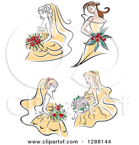 Clipart of Sketched Brided with Flowers and Yellow Dresses - Royalty Free Vector Illustration by Vector Tradition SM