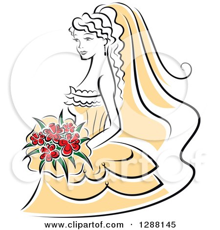 Clipart of a Sketched Black and White Bride with Red Flowers and a Yellow Dress - Royalty Free Vector Illustration by Vector Tradition SM