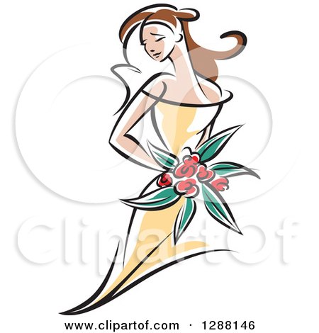 Clipart of a Sketched Brunette Caucasian Bride with Red Flowers and a Yellow Dress - Royalty Free Vector Illustration by Vector Tradition SM