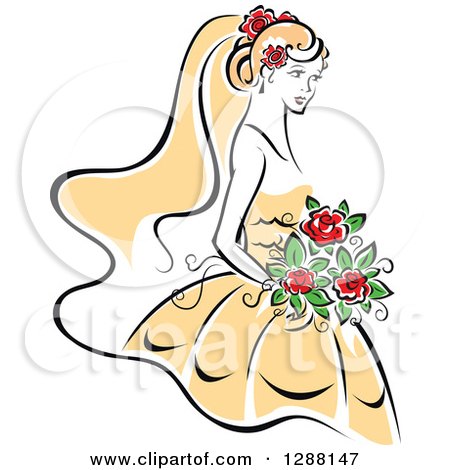 Clipart of a Sketched Black and White Bride with Blond Hair, Red Flowers and a Yellow Dress - Royalty Free Vector Illustration by Vector Tradition SM