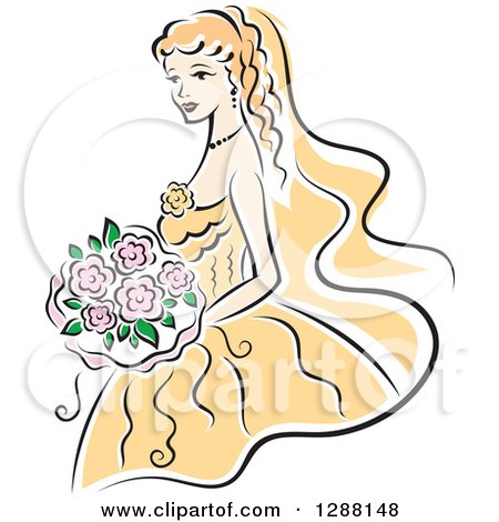 Clipart of a Sketched Blond Caucasian Bride with Pink Flowers and a Yellow Dress - Royalty Free Vector Illustration by Vector Tradition SM