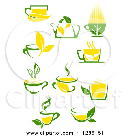 Clipart of Green and Yellow Tea Cups and Pots with Leaves 4 - Royalty Free Vector Illustration by Vector Tradition SM