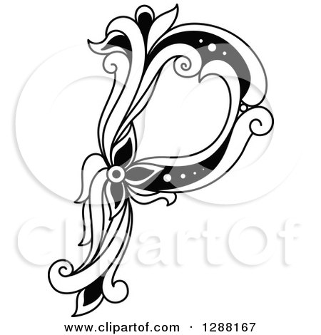 Clipart of a Black and White Vintage Floral Capital Letter P - Royalty Free Vector Illustration by Vector Tradition SM