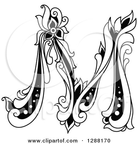 Clipart of a Black and White Vintage Floral Capital Letter M - Royalty Free Vector Illustration by Vector Tradition SM