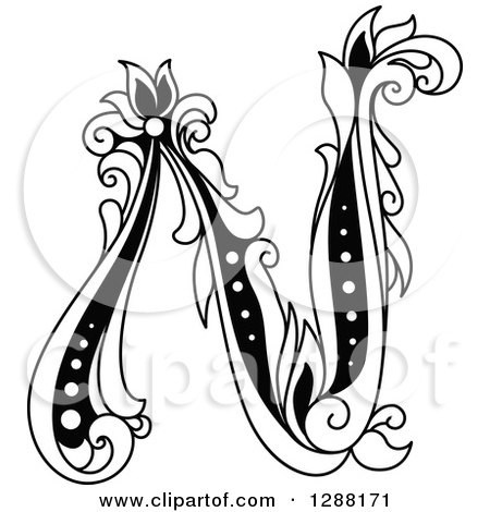 Clipart of a Black and White Vintage Floral Capital Letter N - Royalty Free Vector Illustration by Vector Tradition SM