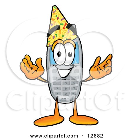 Clipart Picture of a Wireless Cellular Telephone Mascot Cartoon Character Wearing a Birthday Party Hat by Mascot Junction