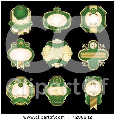 Clipart of Vintage Ornate Gold and Green Blank Labels on Black - Royalty Free Vector Illustration by Vector Tradition SM