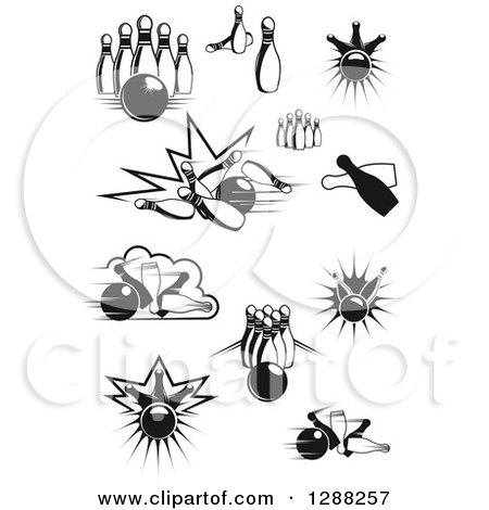 Clipart of Black and White Bowling Balls and Pins - Royalty Free Vector Illustration by Vector Tradition SM