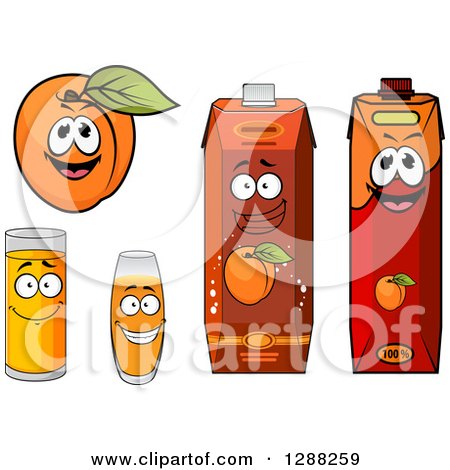 Clipart of a Happy Apricot Character with Juice Glasses and Cartons - Royalty Free Vector Illustration by Vector Tradition SM