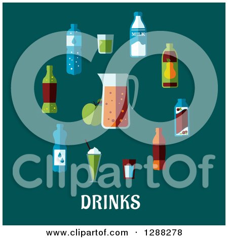 Clipart of Flat Modern Beverages Around a Pitcher with Drinks Text on Teal - Royalty Free Vector Illustration by Vector Tradition SM