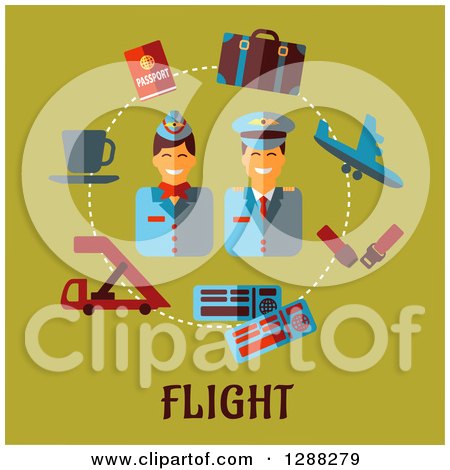 Clipart of a Stewardess and Pilot Encircled with Flat Modern Icons over Flight Text on Green - Royalty Free Vector Illustration by Vector Tradition SM