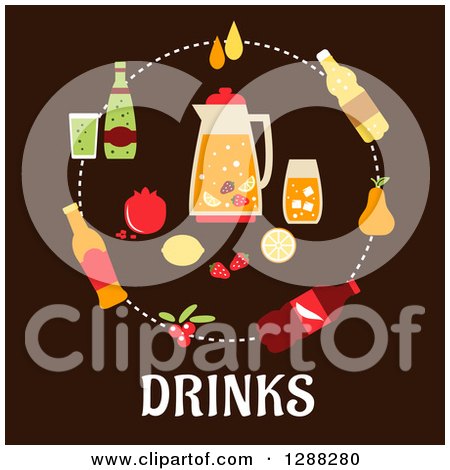 Clipart of Juice, Beer, Tea, Soda, Cocktail and Mineral Water Circling a Pitcher and Fruit over Drinks Text on Brown - Royalty Free Vector Illustration by Vector Tradition SM
