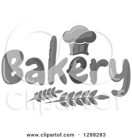 Clipart of a Grayscale Chef Hat Shaped Muffin or Bread Loaf over Bakery Text and Wheat - Royalty Free Vector Illustration by Vector Tradition SM