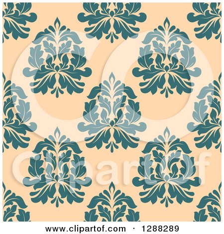 Clipart of a Seamless Background Design Pattern of Turquoise Damask over Pastel Orange - Royalty Free Vector Illustration by Vector Tradition SM