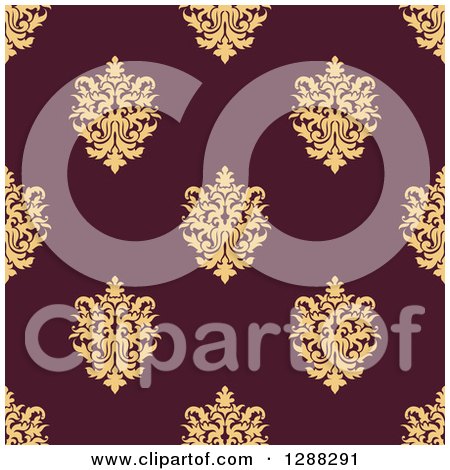 Clipart of a Seamless Background Design Pattern of Yellow Damask over Marroon - Royalty Free Vector Illustration by Vector Tradition SM