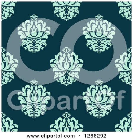 Clipart of a Seamless Background Design Pattern of Blue Damask over Teal - Royalty Free Vector Illustration by Vector Tradition SM