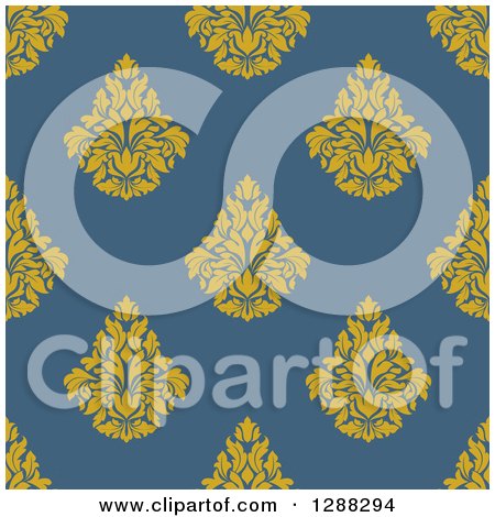 Clipart of a Seamless Background Design Pattern of Yellow Damask over Blue - Royalty Free Vector Illustration by Vector Tradition SM