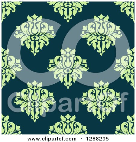 Clipart of a Seamless Background Design Pattern of Green Damask over Teal - Royalty Free Vector Illustration by Vector Tradition SM