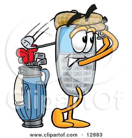 Clipart Picture of a Wireless Cellular Telephone Mascot Cartoon Character Swinging His Golf Club While Golfing by Mascot Junction