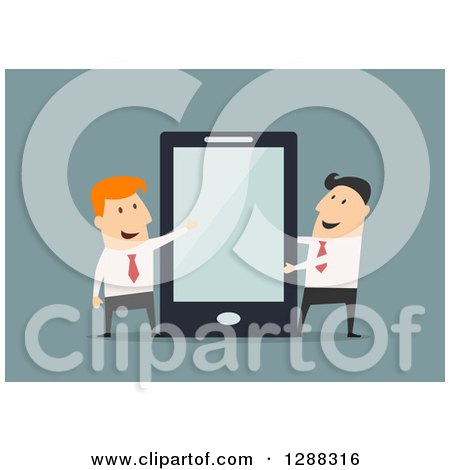 Clipart of Flat Modern Design Styled White Business Men Presenting a Giant Tablet Computer, over Blue - Royalty Free Vector Illustration by Vector Tradition SM