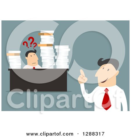 Clipart of a Flat Modern Design Styled White Businessman Talking to a Confused Worker Bombarded with Paperwork, over Blue - Royalty Free Vector Illustration by Vector Tradition SM